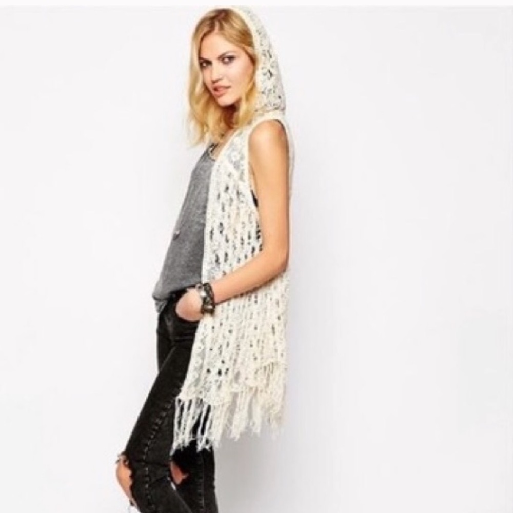Free People Hooded Fringe Crochet Cover Up / Vest